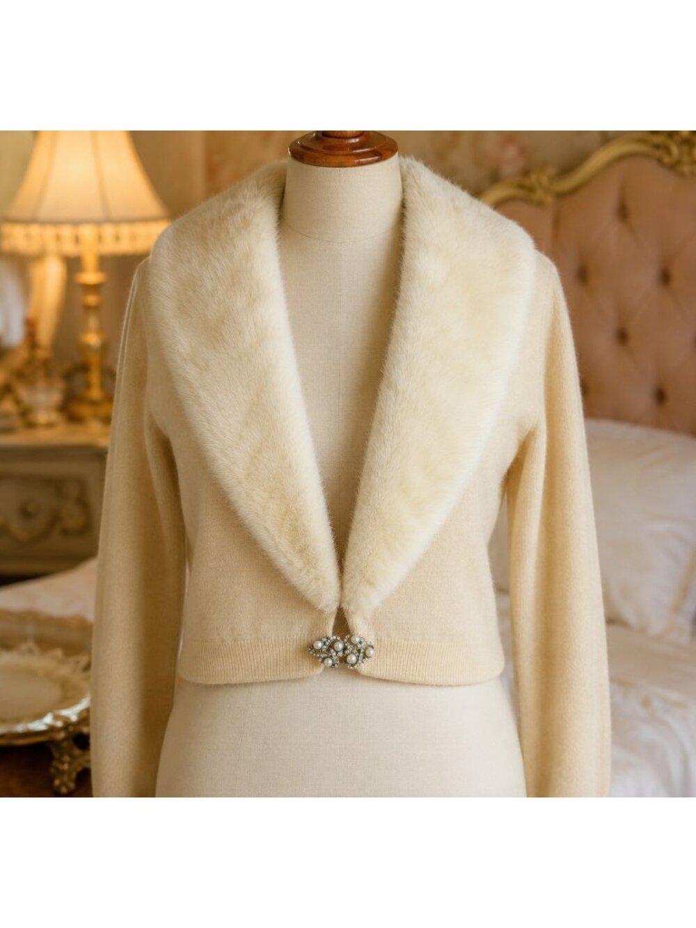 Vintage 50s Bernhard Altmann S Cashmere Cardigan Mink Fur Collar Jewel Clasp